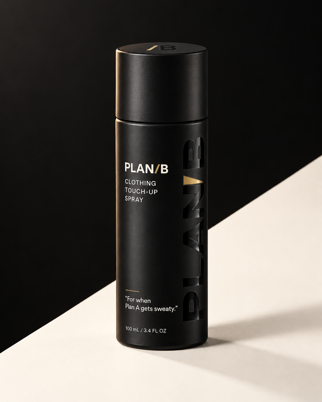Plan B bottle on a split black and off-white ground