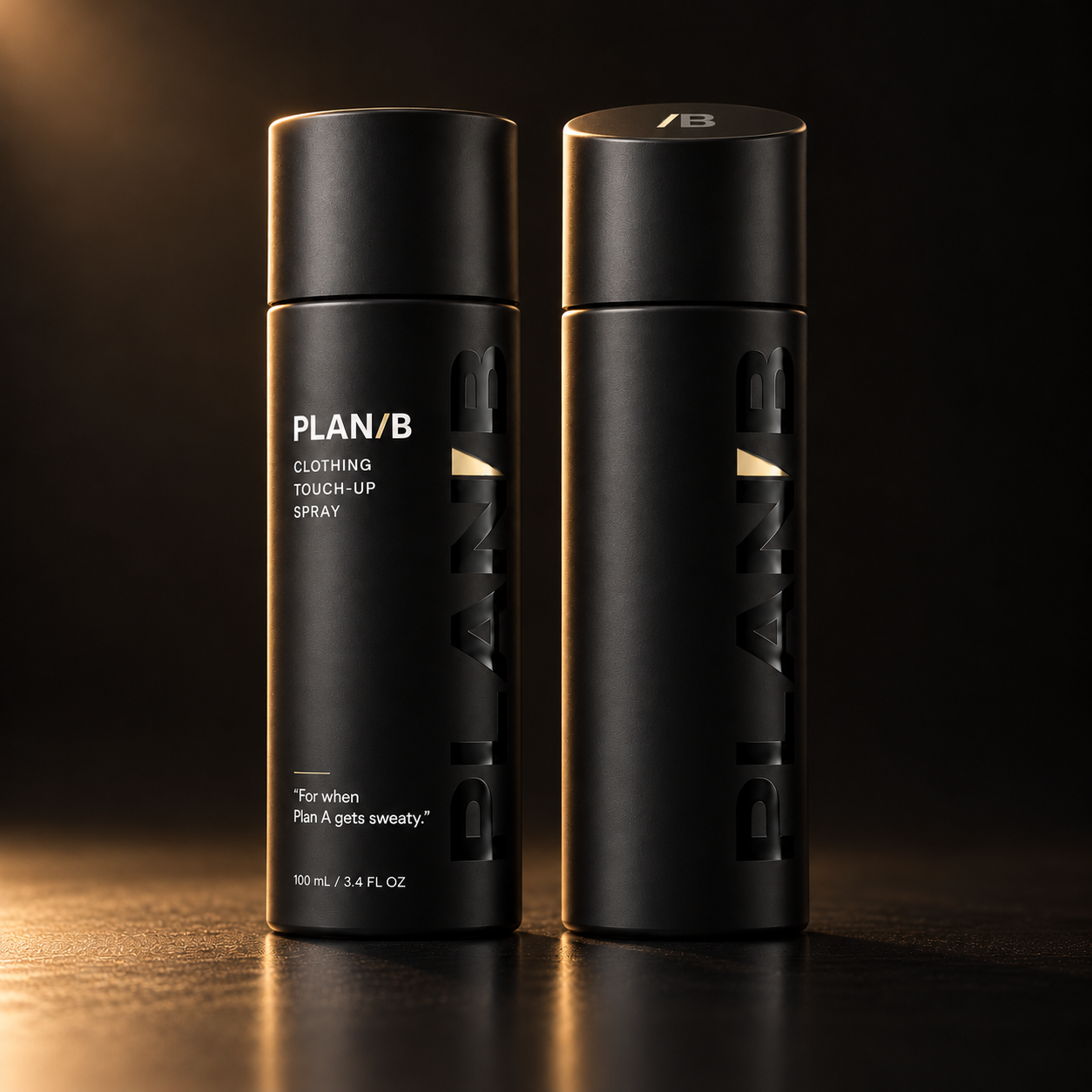Front and back of the Plan B bottle under warm light